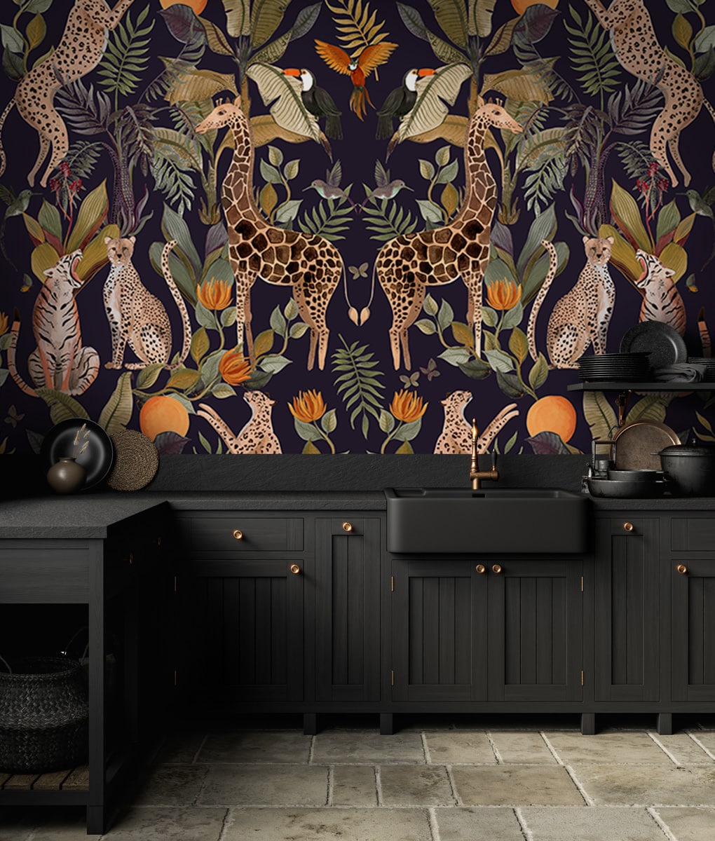 Black kitchen interior with sink, furniture, dishes and decor. 3d render illustration mock up.